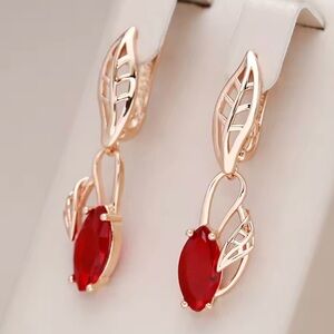 Red Marquise Stone Pendant Hollow Leaf Hoop Earrings